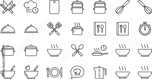 Minimalist kitchen and cooking vector icon set featuring line art of chef hats cutlery pots pans and restaurant equipment.