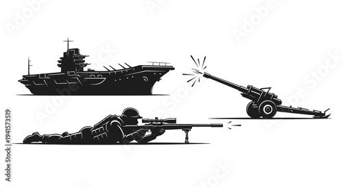 Sniper Soldier, Aircraft Carrier, and Artillery Cannon - Military Warfare Concept