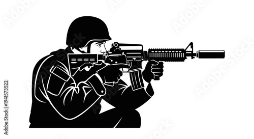 Soldier Aiming Assault Rifle, Tactical Silhouette, Military Action, Combat Ready