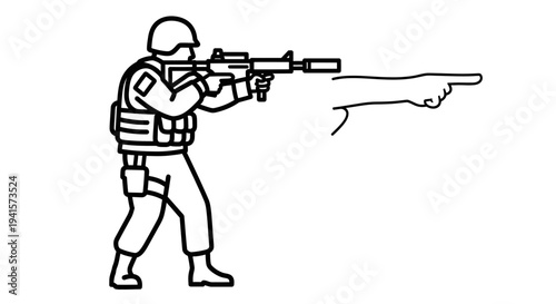 Soldier aiming rifle with pointing hand, military action, command, direction, tactical operation