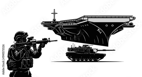 Soldier aims rifle at aircraft carrier and tank, symbolizing military power and defense.