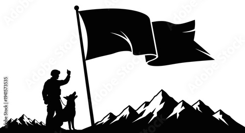 Soldier and Dog on Mountain Peak with Flag, Symbolizing Victory and Achievement