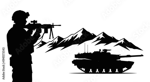 Soldier Aims Rifle Beside Tank with Mountain Background Silhouette