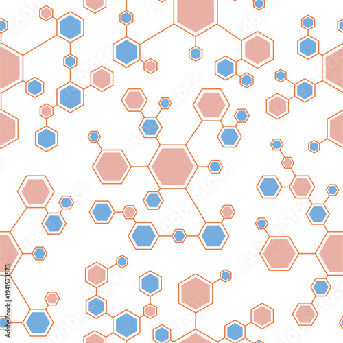 Hexagonal structures seamless pattern. Repeated molecular organic compounds, scientific chemistry schemes, decor textile, wrapping or wallpaper. Print for fabric qualitative vector background