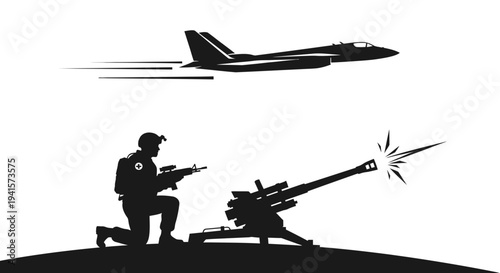 Soldier firing anti-aircraft gun at fighter jet, military combat, defense, aerial warfare