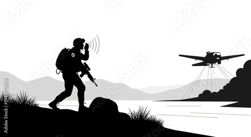 Soldier controlling drone aircraft with rifle and backpack, military operation, surveillance