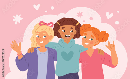 Happy girl friends group. Funny children, young cute female characters, smiling girlfriends hugging, teens kids group, beautiful schoolgirl together garish vector cartoon isolated concept
