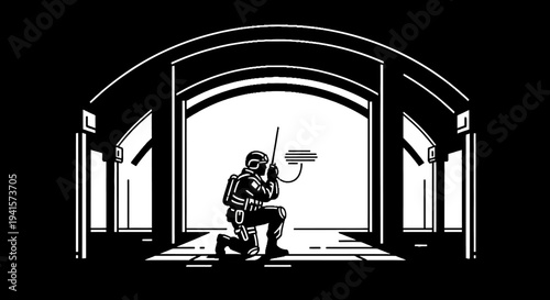 Soldier Kneeling with Rifle in Futuristic Archway Entrance, Military Action Concept