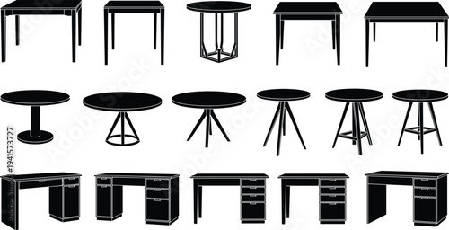 Table silhouette collection set, dining coffee office desk furniture icons, various modern table shapes isolated interior design illustration
