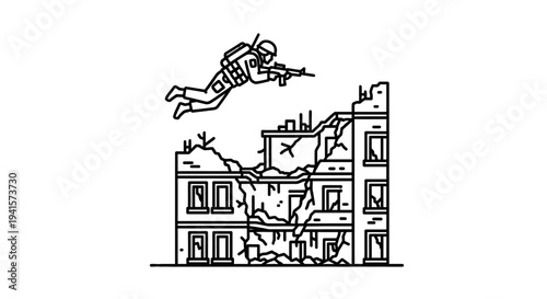 Soldier Parachuting Over Ruined Building, Military Action, War Zone Illustration