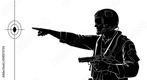 Soldier pointing at target with handgun, tactical training, military exercise, aiming practice