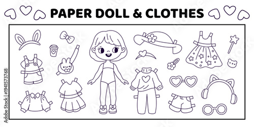 Coloring page with paper doll. Color and dress up girl game, kids fun creativity activity, cute character with different outfits, printable worksheet garish vector cartoon flat isolated set