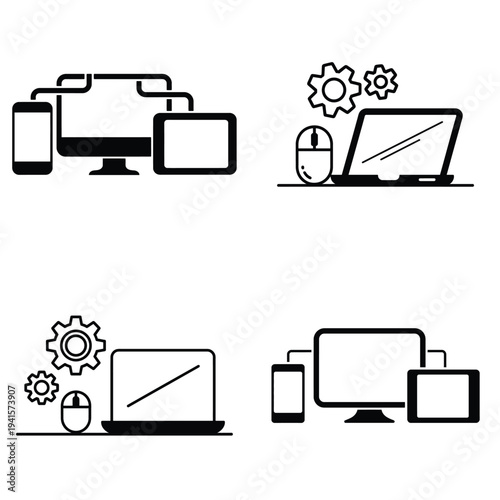 Device connectivity and computer setup icons with laptop, mobile and desktop