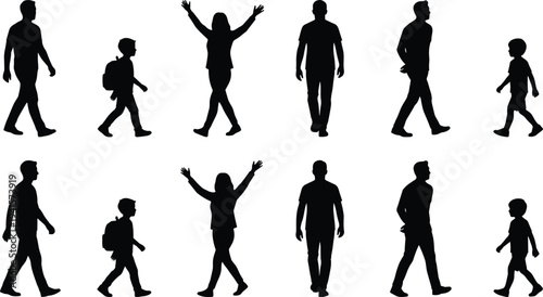 Walking people silhouettes set with man woman and child characters, urban lifestyle and daily activity illustration collection