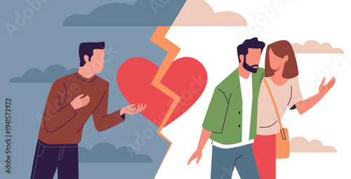 Betrayal of loved one. Fake people, love triangle, broken relationships, negative emotions, choosing new partner, breakup conflict, loneliness man cartoon isolated nowaday vector concept