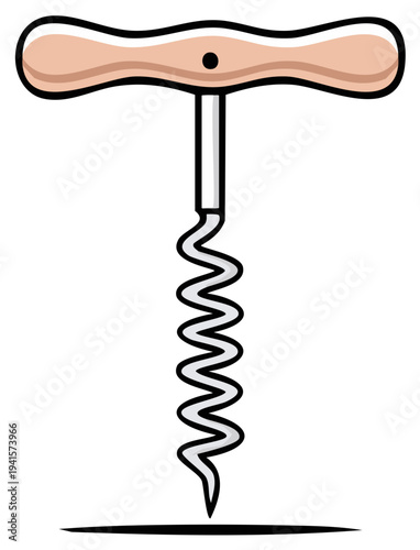 Illustration of a classic corkscrew with a wooden T-shaped handle and a metal spiral screw.