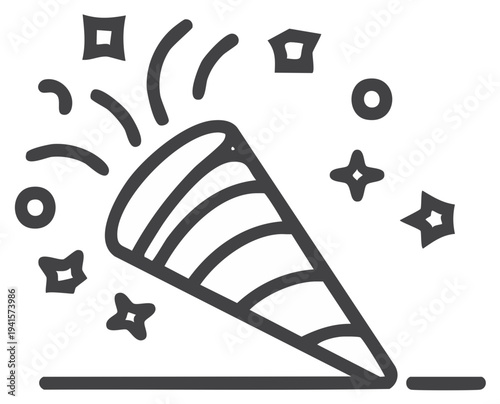 Exploding party popper with confetti line art icon for celebration