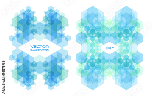 Abstract geometric background. Translucent pattern of overlapping geometric shapes. Transparent colored hexagons. Copy space. Template for poster, flyer, banner, card or cover. Vector illustration.