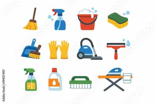 Colorful set of cleaning supplies and equipment illustrations