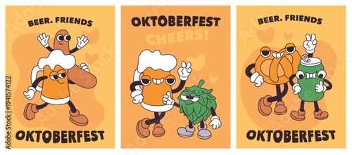 Beer mascots cards. Oktoberfest groovy retro characters, cartoon funny drink mug, smiling hop cone, brezel and bavarian sausage, posters or print design, festive mascot garish vector set