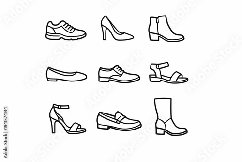 Collection of various shoe outlines including boots, sandals, sneakers, loafers