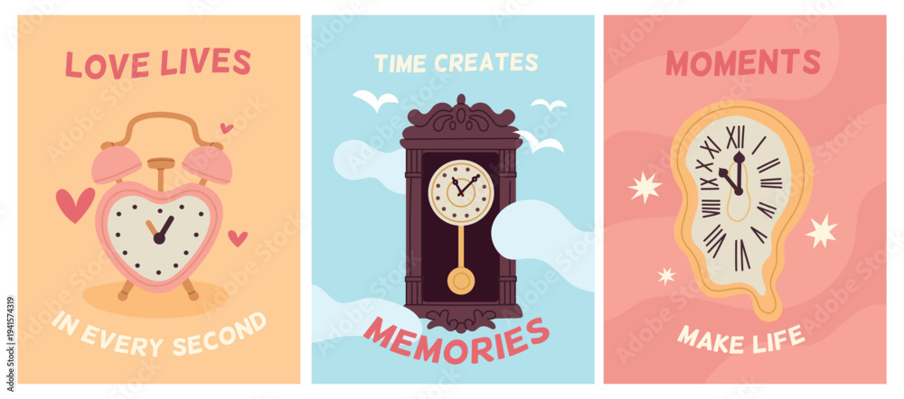 Fototapeta premium Vintage clocks cards. Retro mechanical watches, roman numerals on dial, wooden carved wall clock case with pendulum, modern retro graphic posters or print garish vector cartoon isolated set