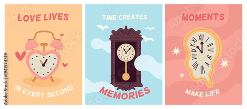 Vintage clocks cards. Retro mechanical watches, roman numerals on dial, wooden carved wall clock case with pendulum, modern retro graphic posters or print garish vector cartoon isolated set