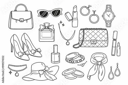 Fashion accessories collection: handbag, sunglasses, jewelry, shoes, cosmetics