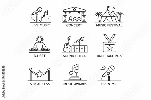 Live music icons: concert, festival, dj set, sound check, backstage pass