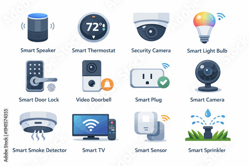 Smart home devices collection: speaker, thermostat, security camera, light bulb, door lock, video doorbell, plug, camera