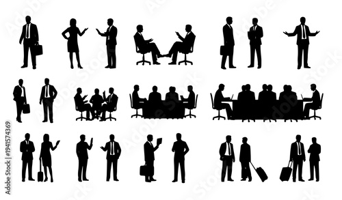 Business people working silhouettes standing sitting discussing travel