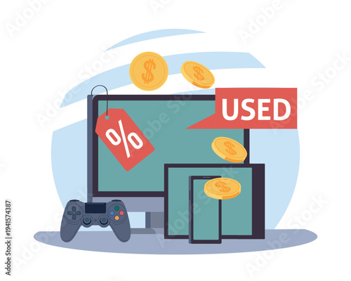 Used electronics sale. Thrift hardware store, outdated models, second hand goods, online commerce and discount pricing, price tag on computer and phone, vector cartoon isolated concept