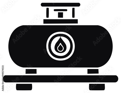 Black and white icon of a horizontal gas cylinder or industrial fuel tank with a liquid drop symbol