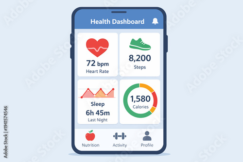 Health dashboard interface displaying heart rate steps sleep and calories