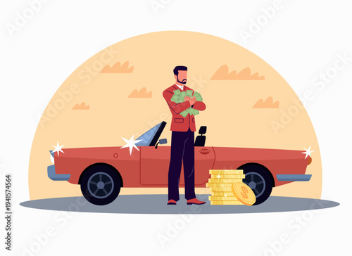 Pursuit of wealth. Buying car, cash resources, rich man with money, material values, wealth and financial success, luxury vehicle owner, money and coins vector cartoon isolated concept