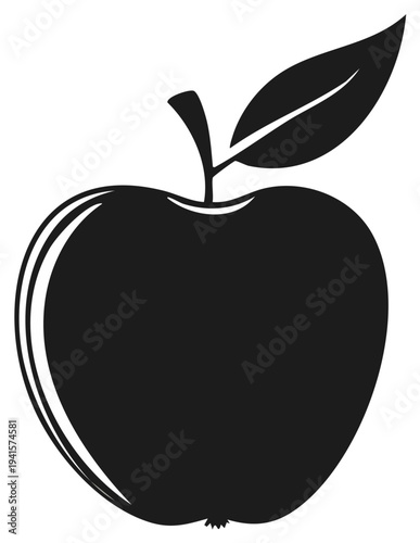 Silhouette of a ripe apple with a stem and leaf, a simple and iconic fruit illustration.