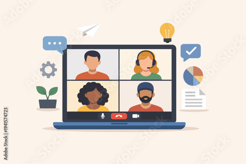 Diverse group in virtual meeting on laptop: collaboration and communication concept