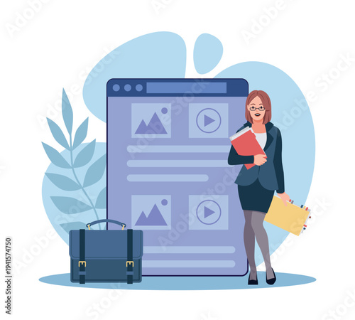 Personal account. Sending applicant resume, portfolio corporate demonstration, job search, digital content management, female employee organizing records, vector cartoon isolated concept