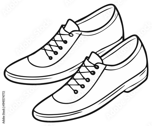 Illustration of a Pair of Classic Tennis Shoes with Laces - Sportswear Footwear Fashion, Outline Black and White Drawing