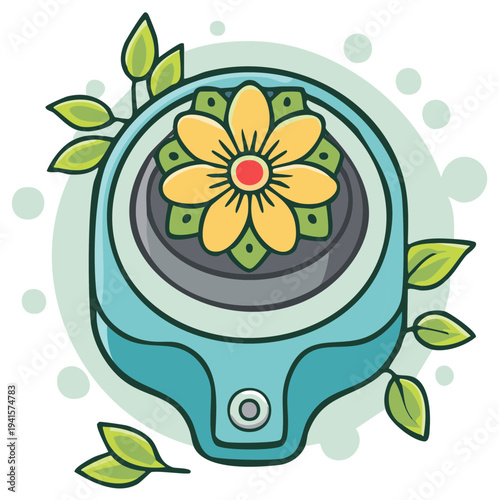 Stylized Humidifier Illustration with Yellow Flower and Green Leaves, Fresh Air Concept for Health, and Wellbeing