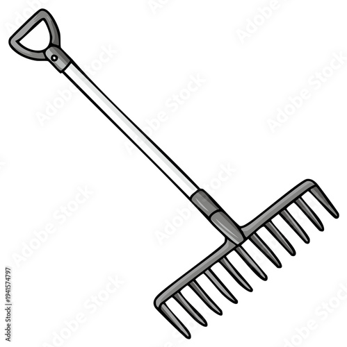 Gardening tool rake with handle for yard work and lawn maintenance tasks