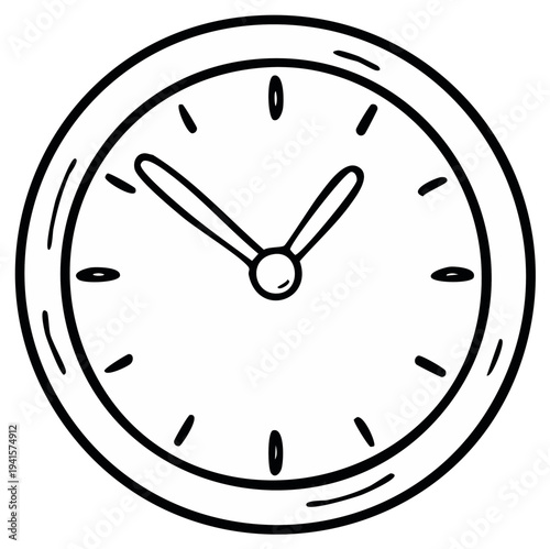 Hand-drawn clock showing approximate time, simple black and white line drawing with hour and minute hands