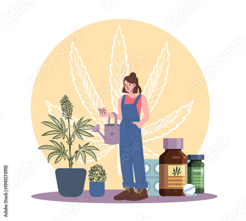 Medicinal marijuana cultivation. Medicinal herb, production of natural medicines, wellness goods with organic plants, modern consumer market and legalization cartoon isolated vector concept