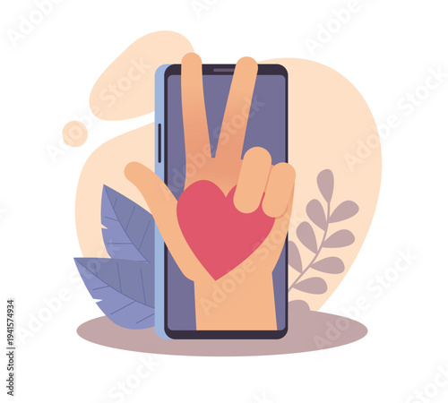 Manifestation on social media. Collecting likes from subscribers, follower reactions, positive feedback gesture on smartphone interface screen mobile support vector cartoon isolated concept
