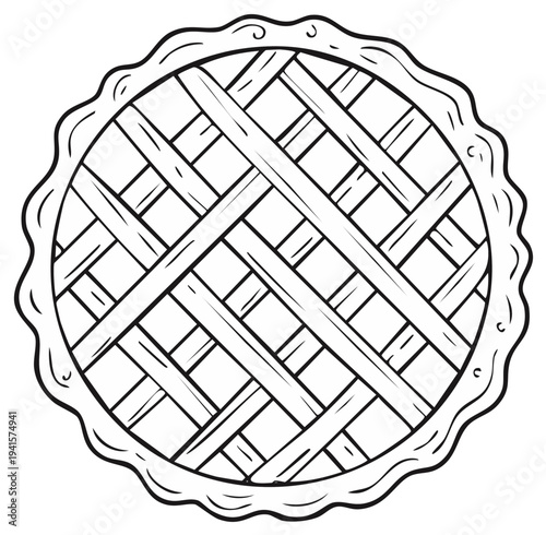 Top down view of a black and white cartoon style apple pie crust illustration.