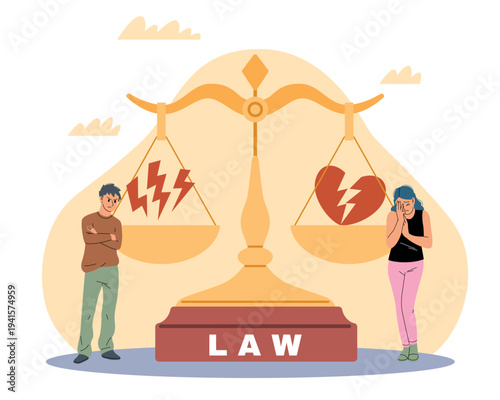Legal services. Justice and right, couple is suing, plaintiff and defendant resolve dispute, legal balance in relationship dispute, family law vector cartoon isolated scales concept