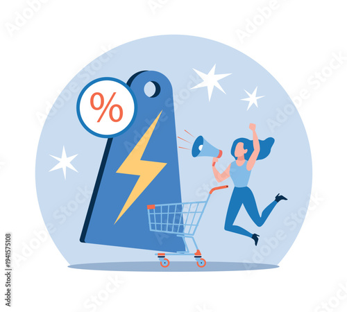 Flash sales. Happy woman enjoys discounts and sales, byer on shopping trip, promoting special offer, marketing communication, customer hold megaphone with cart vector cartoon flat concept