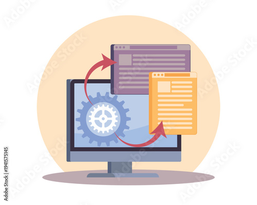 Dynamic action protocol. Workflow software, complete system development and integration, automatic data entry, data transfer, file sharing, information management vector cartoon flat concept