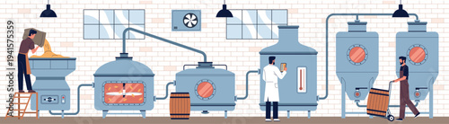 Brewer workers. Guys make craft alcohol, brewery with equipment, production of intoxicating drinks, monitoring fermentation, technologists operations nowaday vector cartoon flat style isolated concept