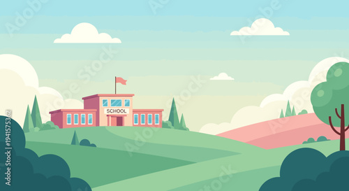 School Building with Flag on Roof.